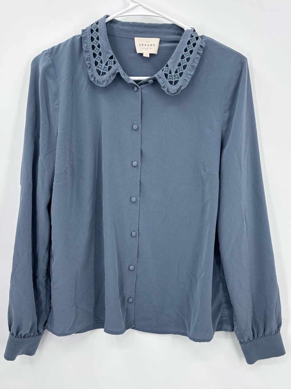 Sézane Dusty Blue Lace-Collar Button-Down Blouse 100% silk  size M